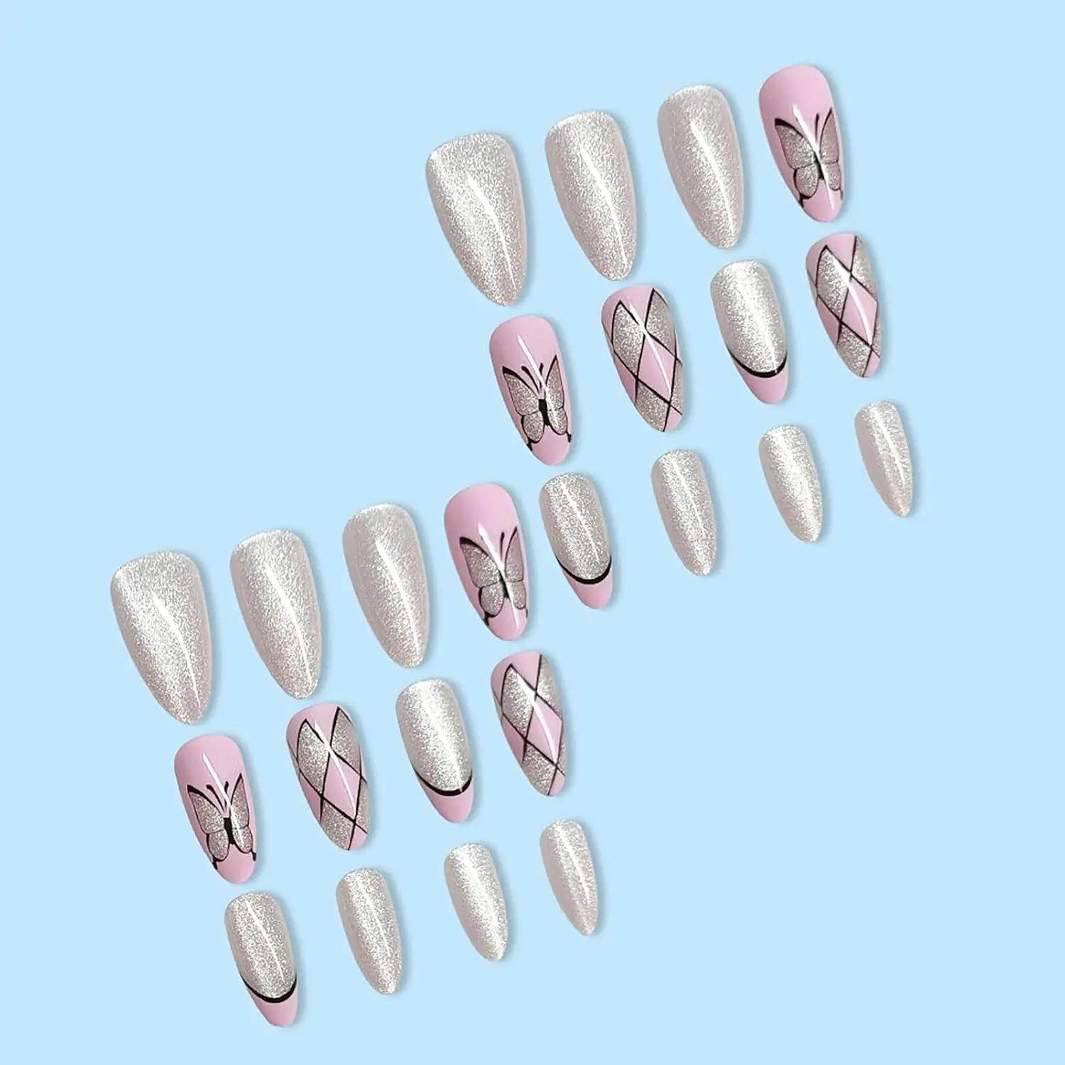 24 stuks medium ovale pers op nagels - minimalistisch zilver en roze ruitpatroon zilveren vlinders en glitter toepasbaar voor vrouwen