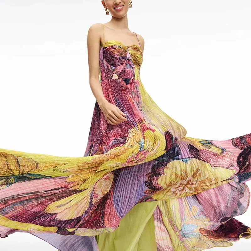 2025 New Sexy Sling High Waist Party Dress Woman Elegant Pleated Print Robes Dress Summer Fashion Sleeveless Hollow Boho Dresses