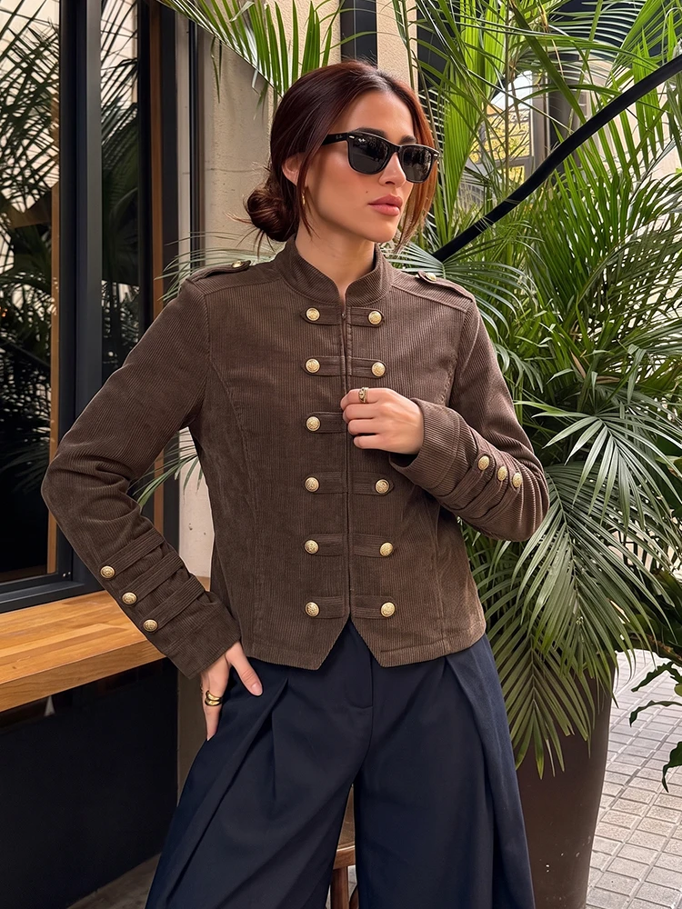 HH Women's Autumn New Corduroy Jacket Chinese Stand Collar Double Row Gold Buttons Zipper Coat Retro For Office Street Daily