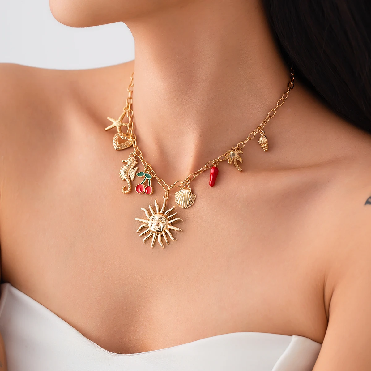 SHIXIN Classic Starfish Coconut Tree Conch Sun Pendant Necklace for Women Gold Color Chain Choker Summer Beach Neck Jewelry Gift