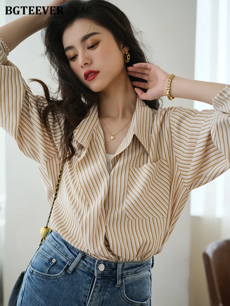 BGTEEVER Stylish Loose Single-breasted Women Striped Shirts Casual Lapel Long Sleeve Ladies Blouses Tops 2022