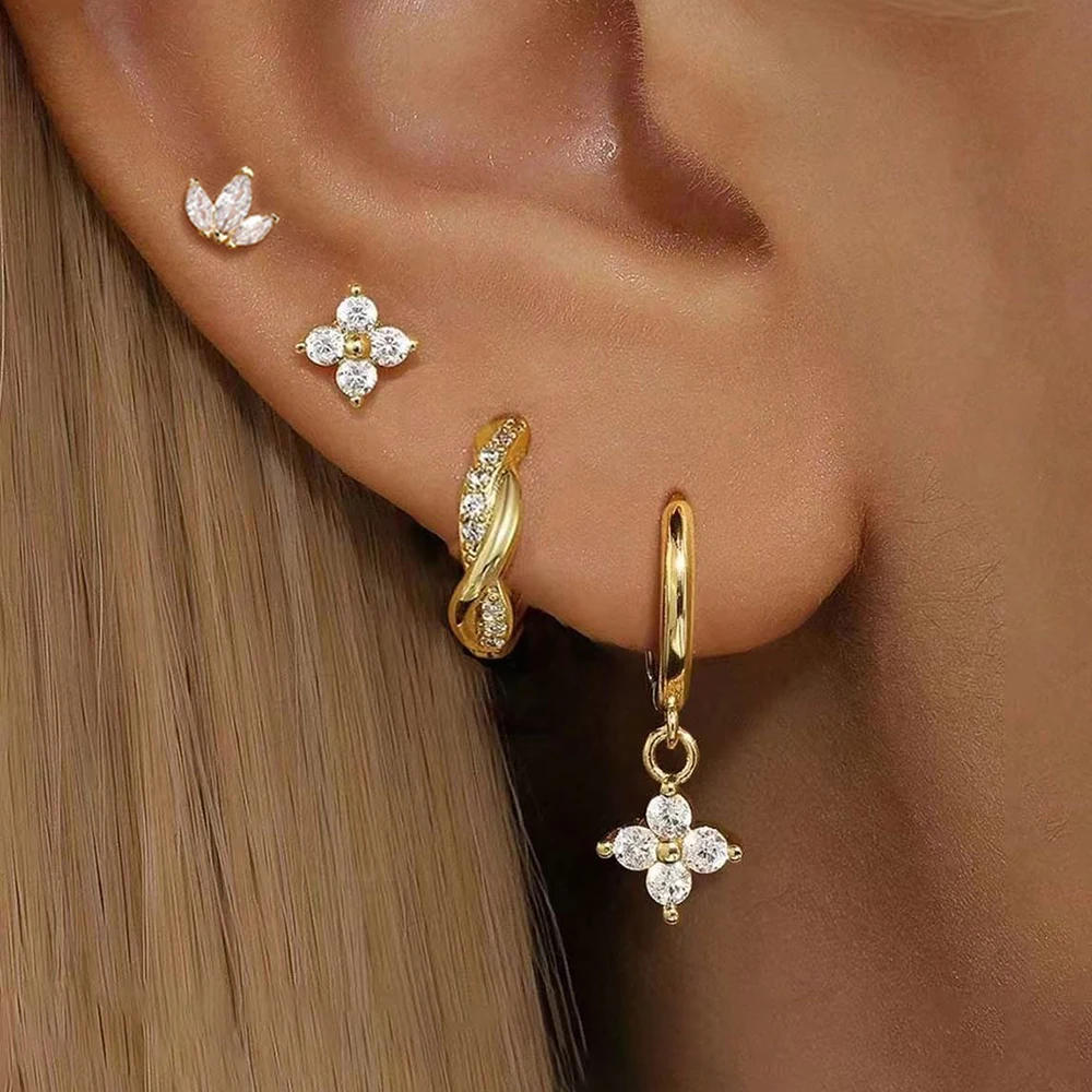 4PCS New Gold Plated Little Crystal Bend Hoop Earrings Set for Women Helix Tragus Cartilage Flower Ear Stud Piercing Jewelry
