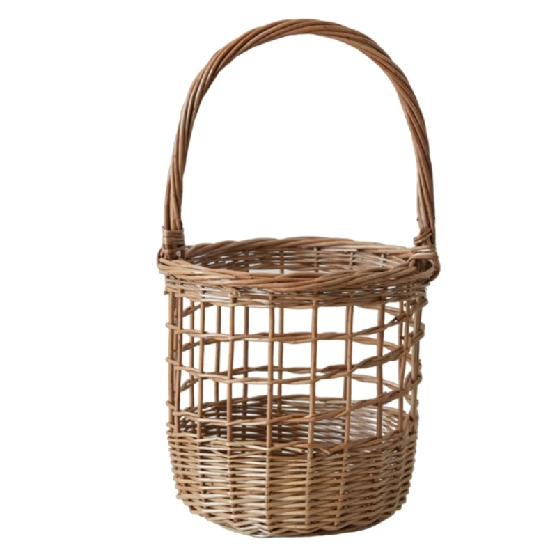Stylish Ventilated Wicker Storage Basket Household Fruit Storage Container with Handle Desktop Sundries