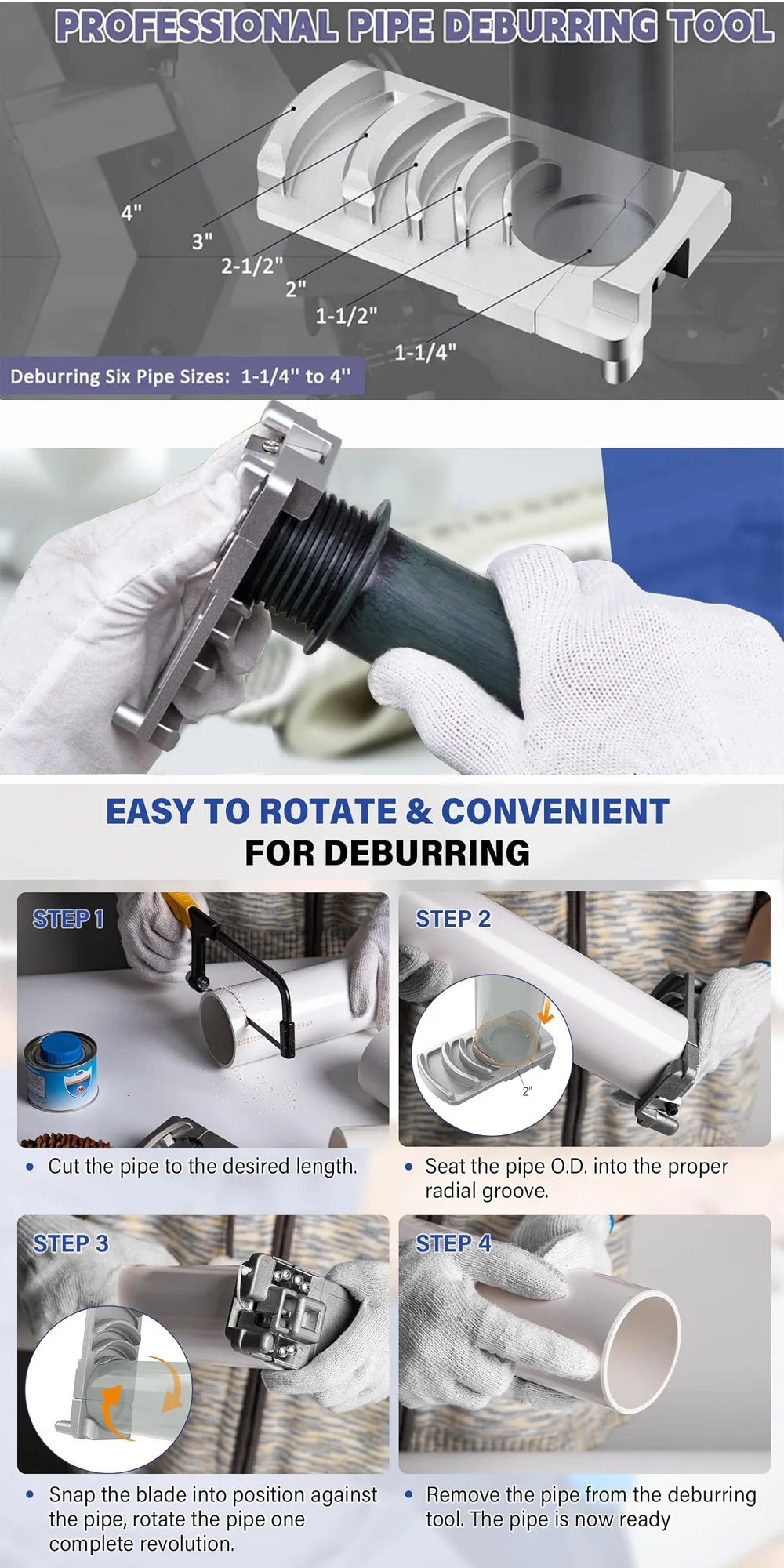 Professional Pipe Deburring Tool 1-1/4-4 Inch Reed Plastic Pipe PVC Pipe Deburring and Trimming Tools