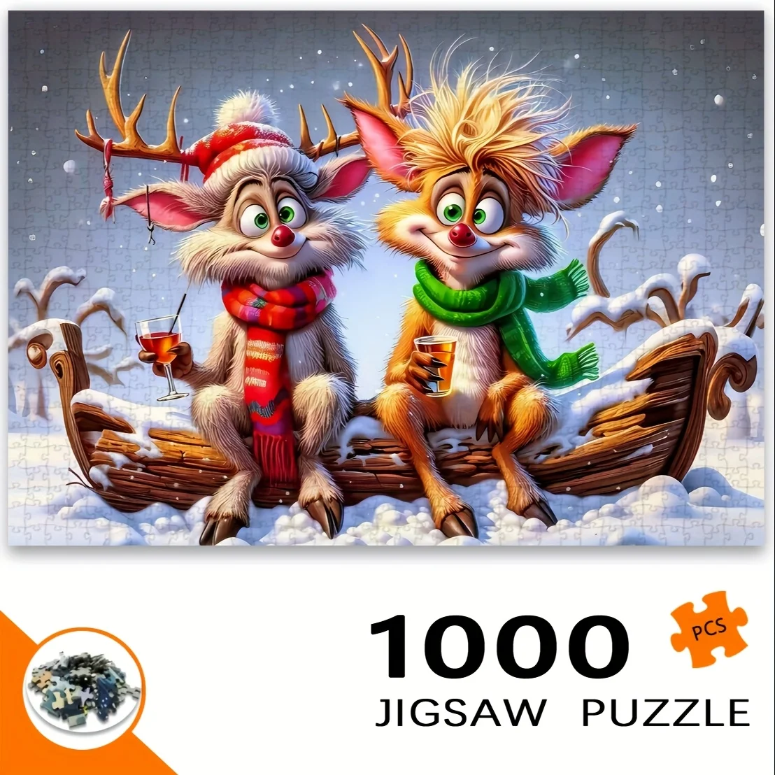 1000 Stück Winter-Puzzle mit Fuchs- und Rentierschlitten für Erwachsene – festliche Weihnachtskunst, tragbares rechteckiges, ungerahmtes DIY