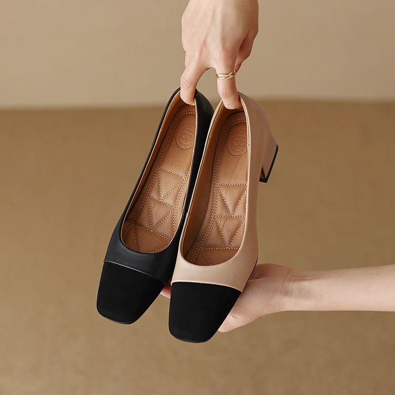 Women Pumps Shoes Genuine Leather 5cm Heels Elegant Fashion Concise High Quality Lady Shoes Square Toe HIgh Thick Heel A124