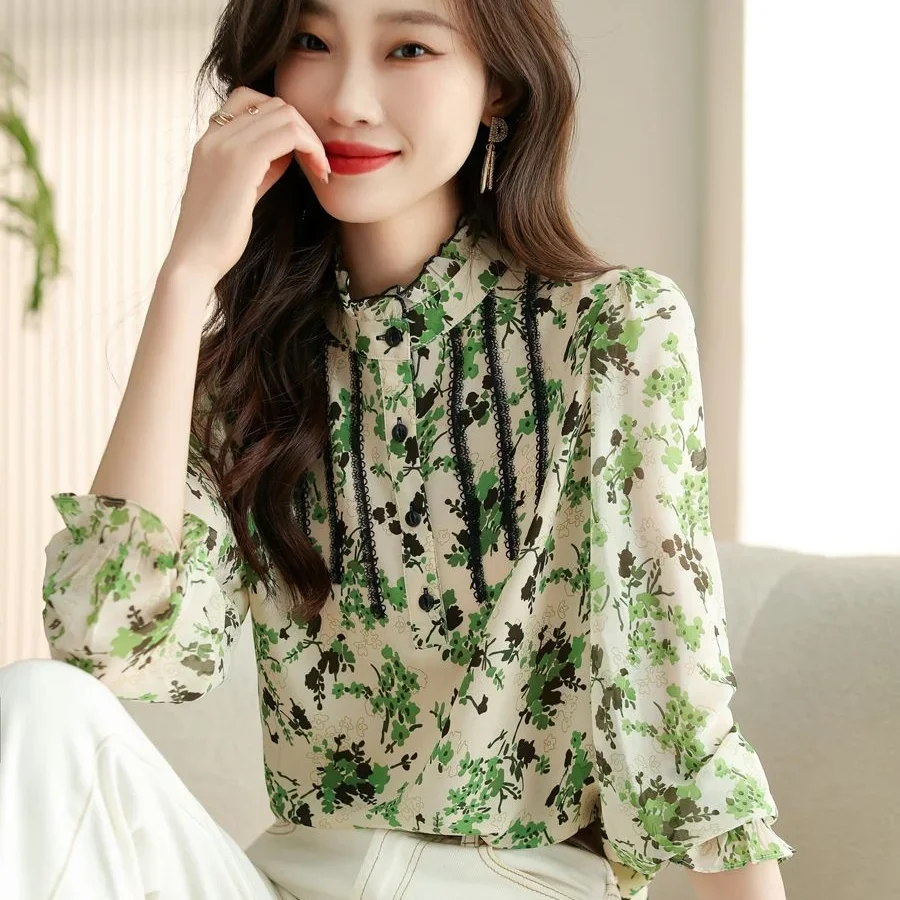 

Printing Chiffon Shirt Spring Summer Women's Long Sleeve Ruffled Edge Bottoming Blouse Fashion Age Reducing Floral Top X743