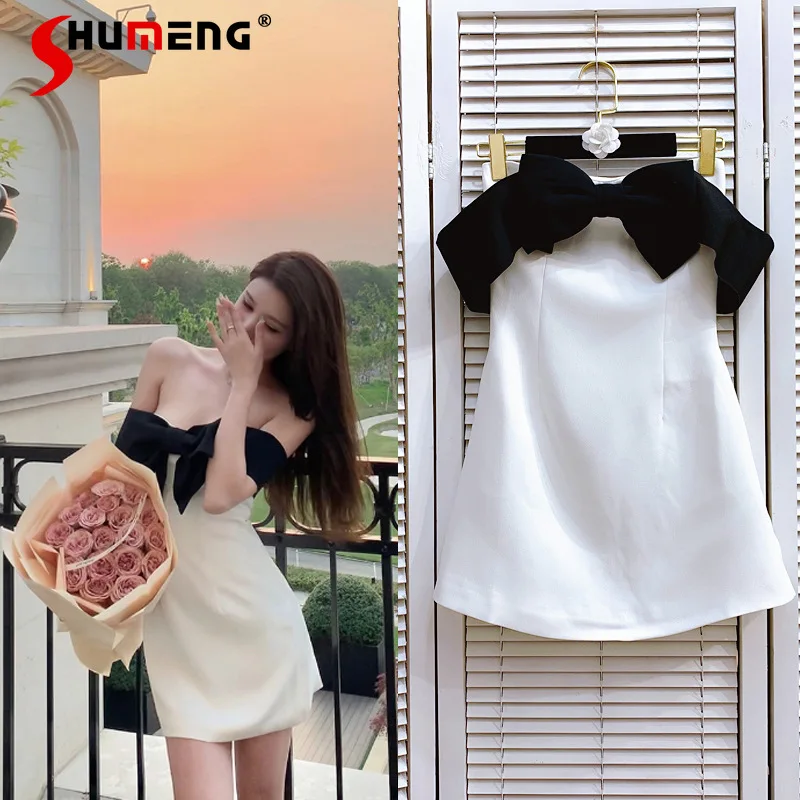 Hepburn Style Dress Feminine Graceful Bow Stitching Off--the-Shoulder Tube Top Sweet Dresses Contrast Color Sleeveless Dresses