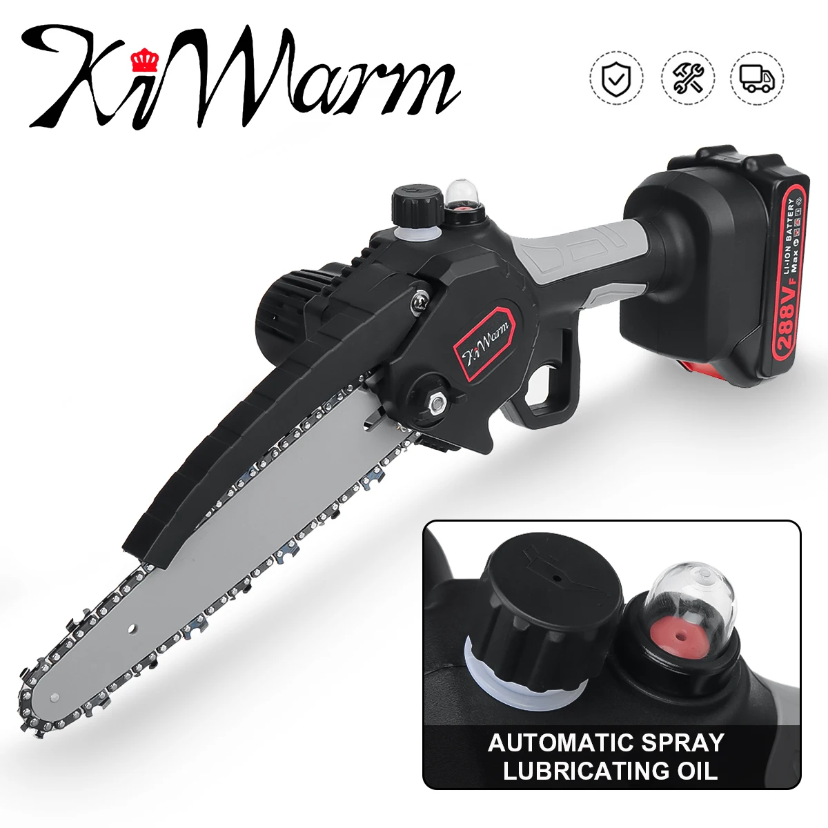 KiWarm 3000W 8 Inch 288VF Mini Electric Chain Saw With 2PC Battery Woodworking Pruning Chainsaw One-handed Garden Tool