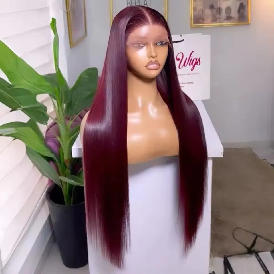 

13X4 Бордовый Винно-красный Прямые Синтетические Волосы Парики Фронта Шнурка Бесклеевые Парики Шнурка с Волосами Младенца Предварительно Сорванные Волокна Волосы Косплей