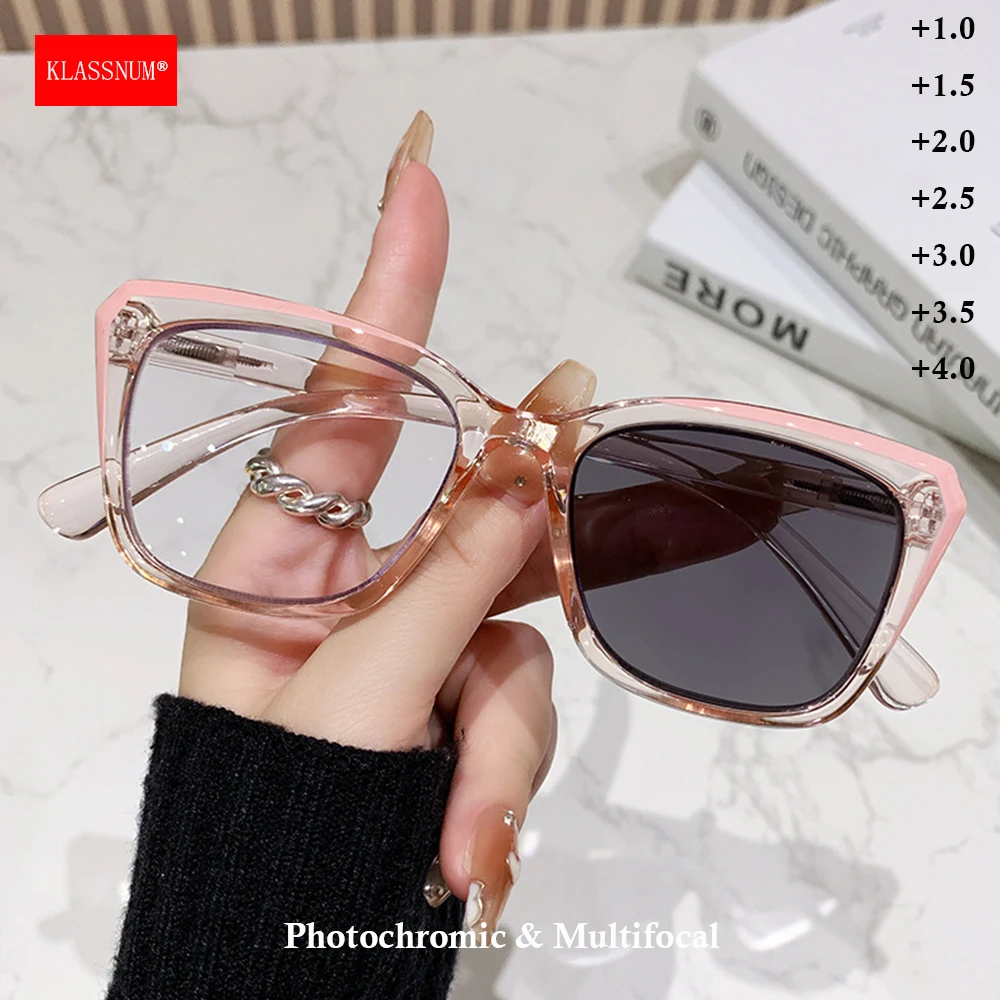 KLASSNUM Women Photochromic Presbyopic Glasses Progressive Multifocal Reading Glasses Large Square Magnifing Lenses+1.0+1.5+2.0