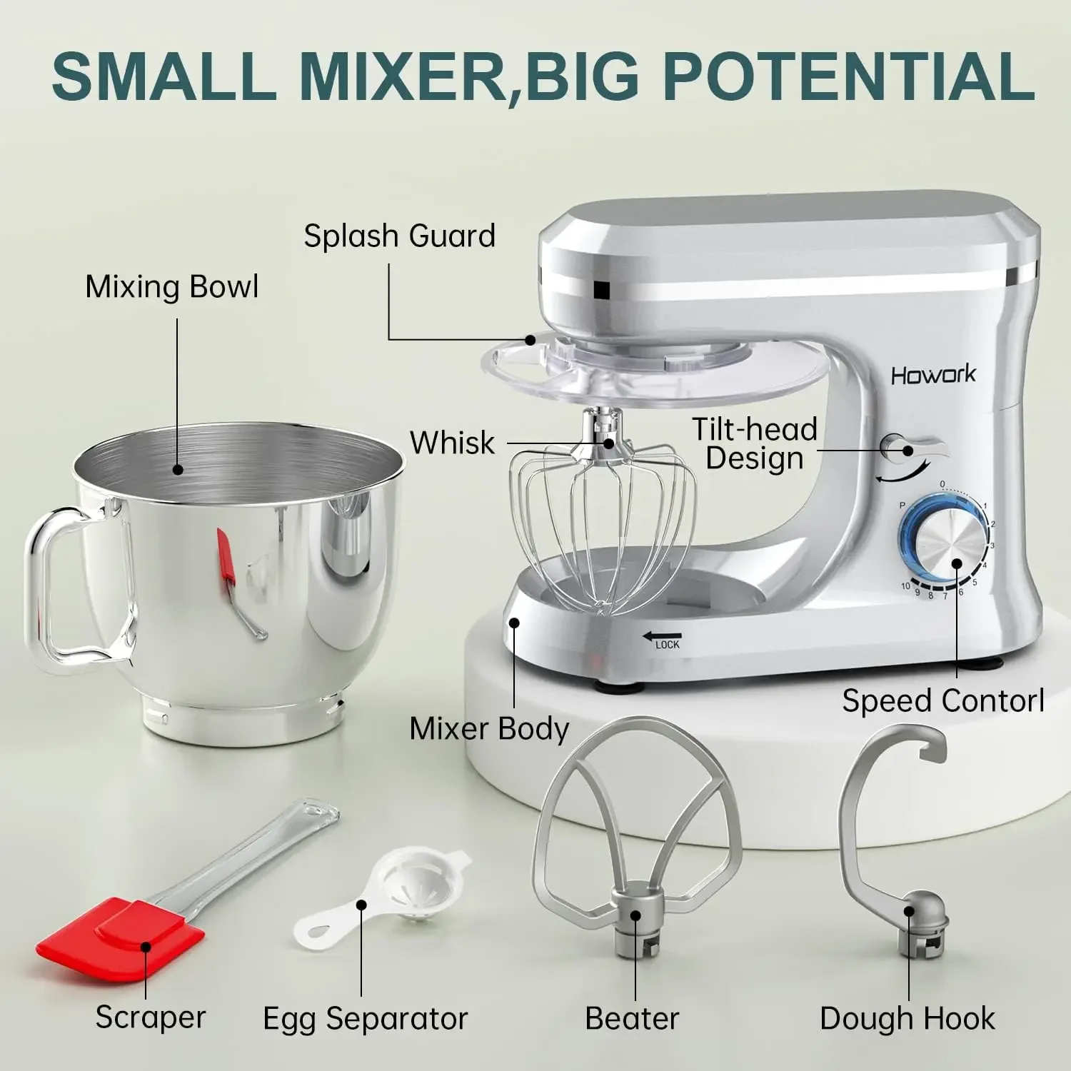 Suporte elétrico Mixer com aço inoxidável Tigela, Dough Hook, Wire Whip, batedor para a maioria dos cozinheiros domésticos, 10 + Velocidades, 6.5QT, Novo