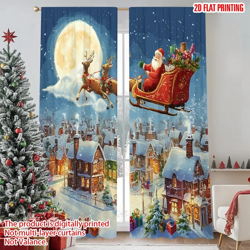 2 Stück 2D-Flachdruck Frohe Weihnachten Beliebter Vorhang Weihnachten Weihnachtsmann Schlitten Stadtnacht 100 % Polyesterstoff ohne