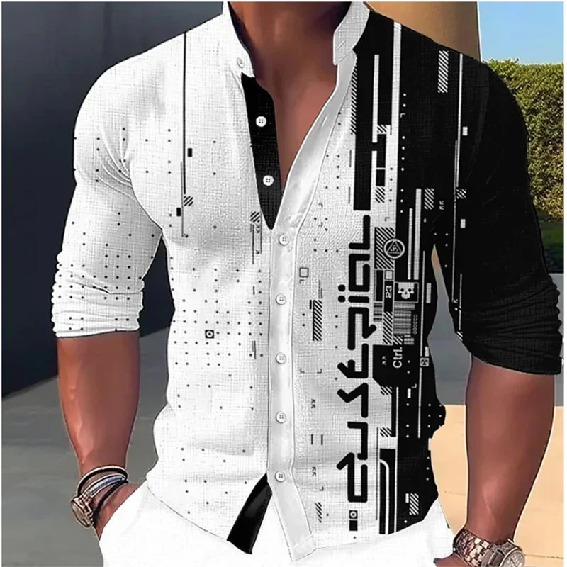 

2023 Men's Shirt Pattern Printing Geometric Stand Collar White Outdoor Street Long Sleeve Clothing Fashion Streetwear Designer