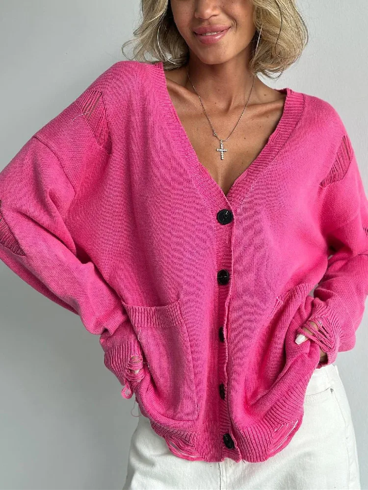 New Autumn Winter Fashion V-Neck Knitted Cardigans Pocket Solid Color American style Women Y2k Sweater Female