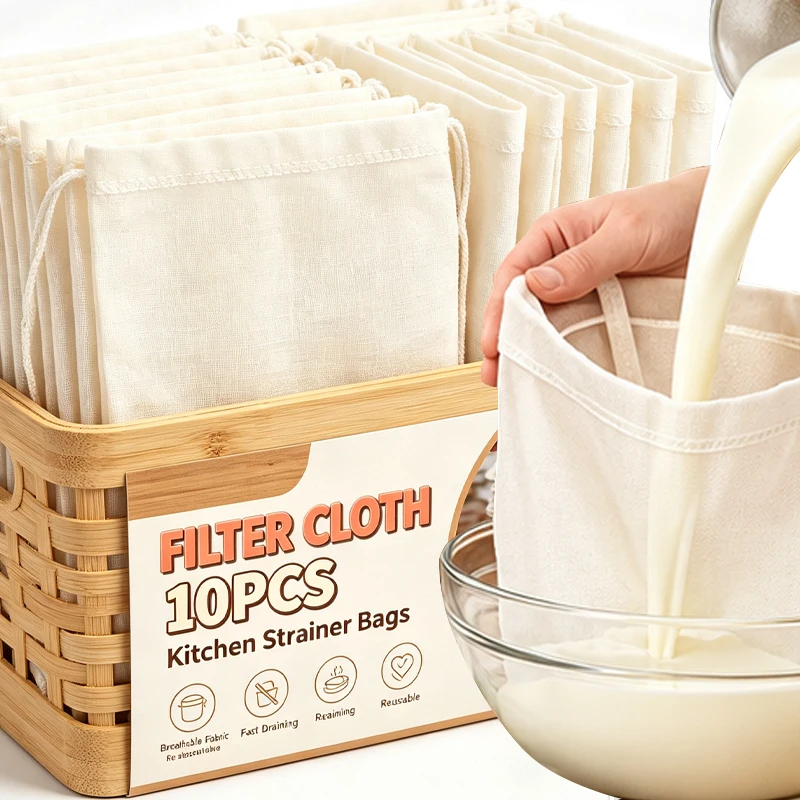 10/1x Drawstring Cheese Cloth Yogurt Nut Milk Filter Bag Multi-size Reusable Coffee Strainers Bag Home Kitchen Cooking Supplies