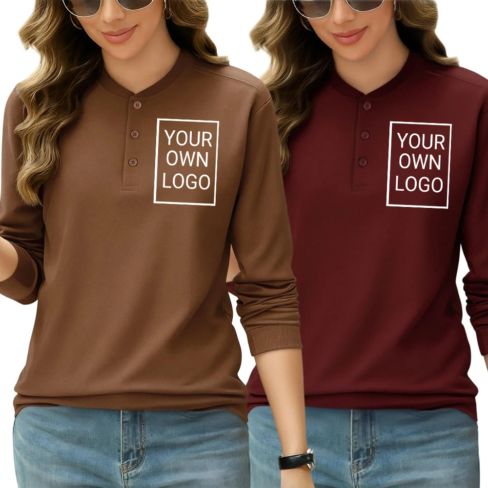 Personalizza l'immagine del logo T-shirt Henley da donna T-shirt autunnali casual T-shirt da lavoro larghe in cotone manica lunga unisex fai da te