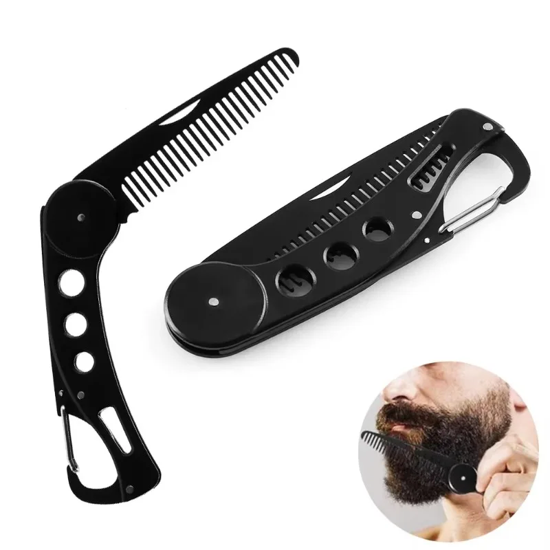 Peigne pliant en acier inoxydable pour hommes, peignes à barbe, anti-leges, peigne à moustache portable, outils de coiffure multifonctions, 1PC