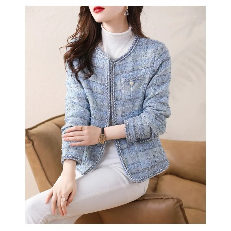 

Long Sleeve Fashion Tweed Jackets Women Spring Autumn Classic Coats Female Plaid Blue Loose O-Neck Elegant Lady Jackets