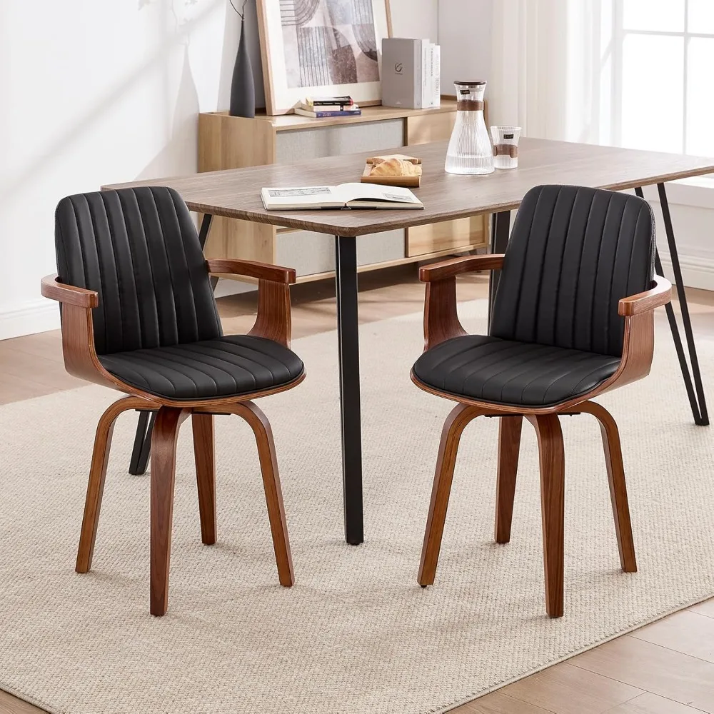 

Dining Chairs Set of 2 - Mid Century Modern Swivel Kitchen Chairs for Dining Room, Upholstered PU Leather Chairs with Wooden Arm