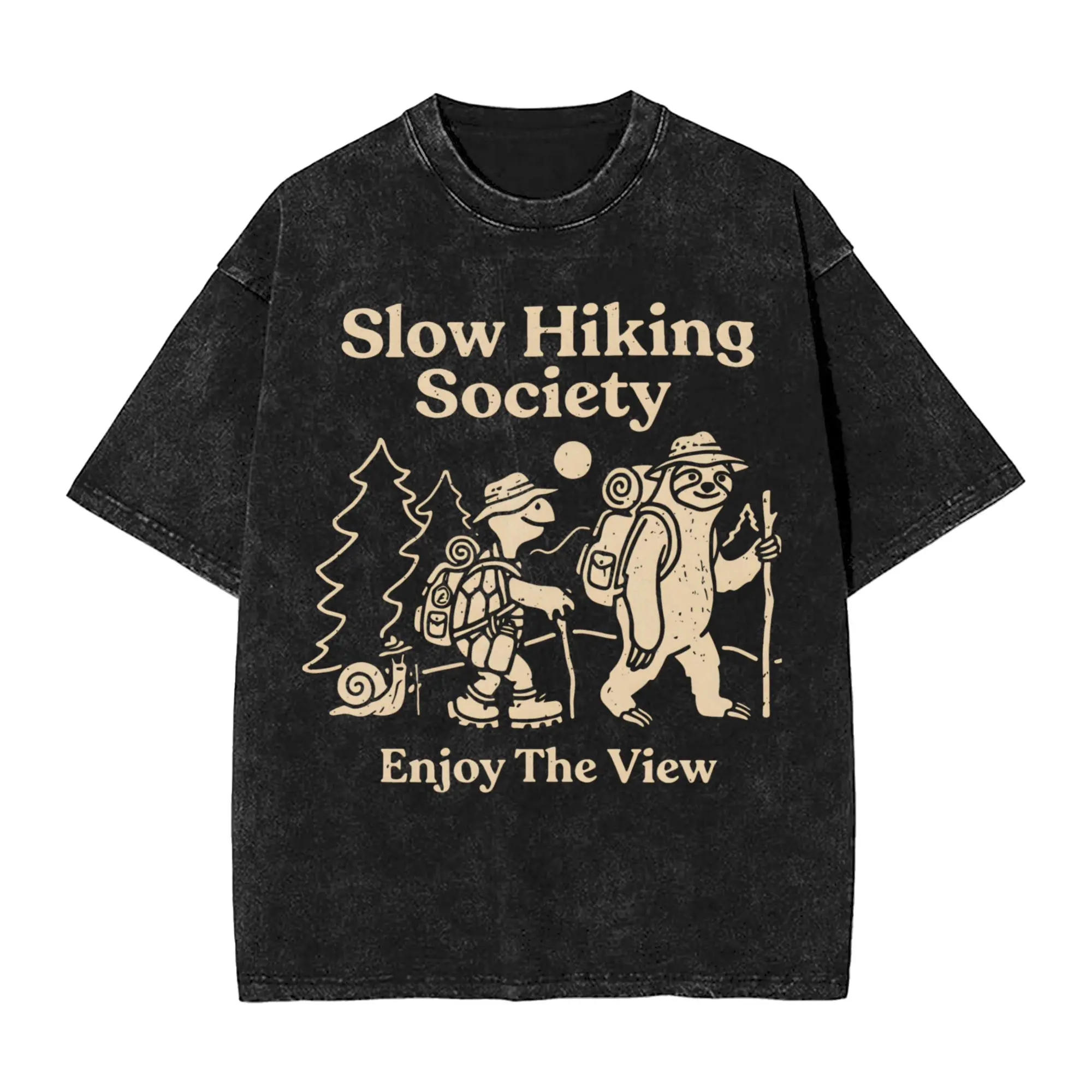 Slow Hiking Society Funny Sloth Turtle Hiking Washed T Shirts Streetwear HipHop T-Shirts Tees for Men Women Short Sleeve Harajuk
