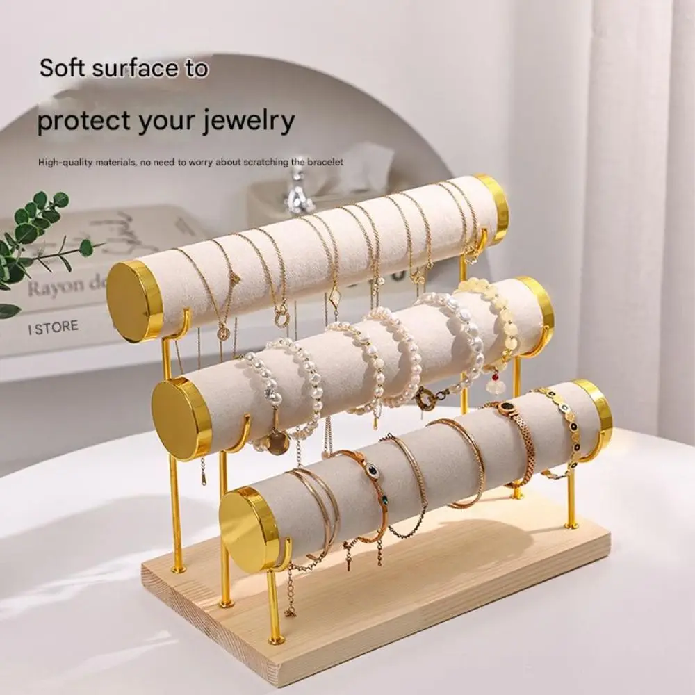 Upgraded 3 Tier Bracelet Organizer Stand Metal Wooden Necklace Storage Rack Flannel Wrap Detachable Watch Holder Women