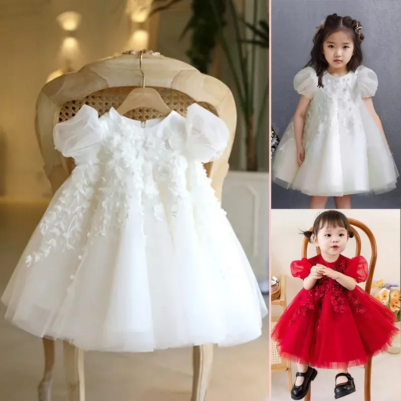 Vestidos de flor branca para crianças de casamento, Applique Princess Pageant Vestido com arco, Cute Baby Girls Birthday Party Ball Gown