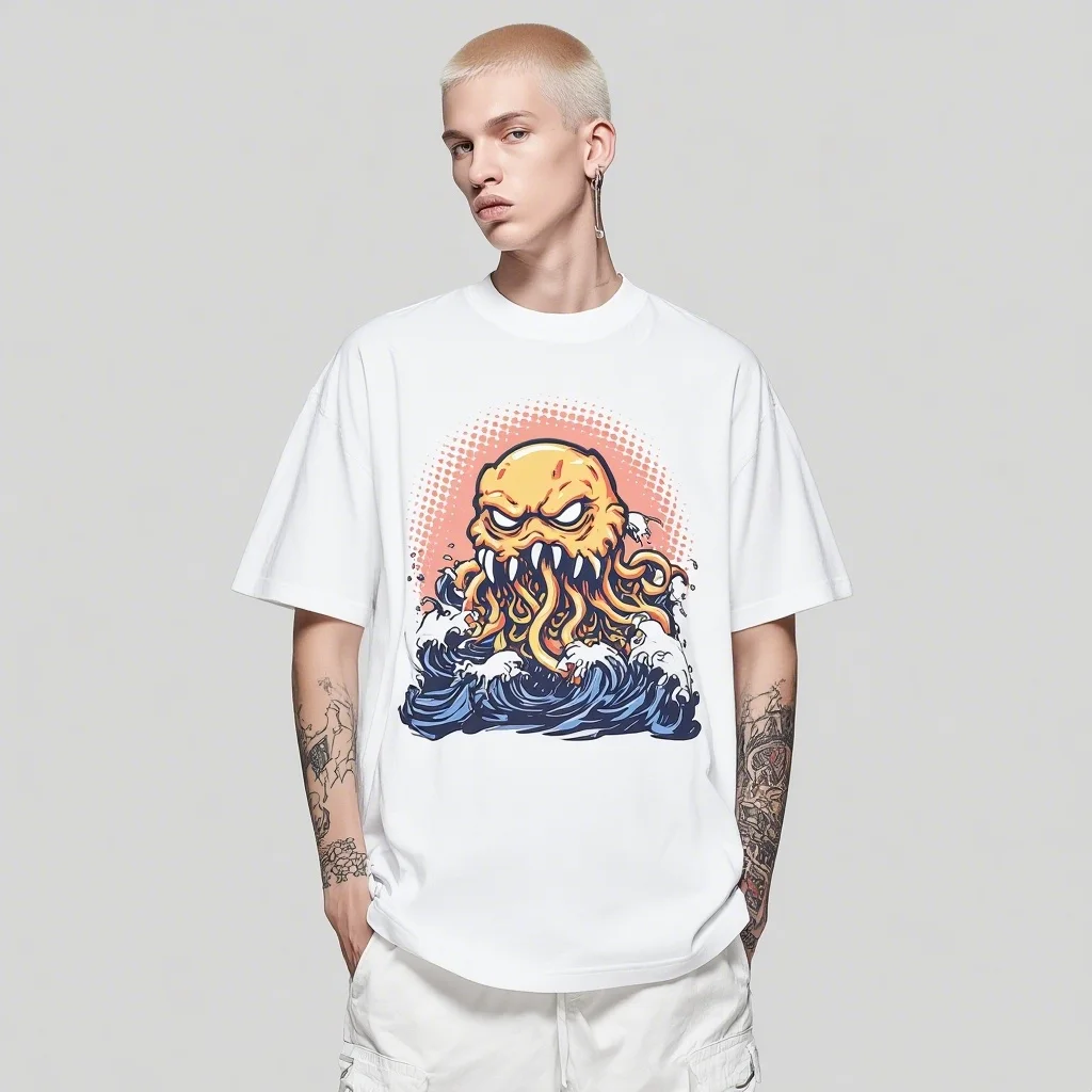 

Teevo Men's Casual T-Shirt Octopus Wave Graphic Print Summer Beachwear
