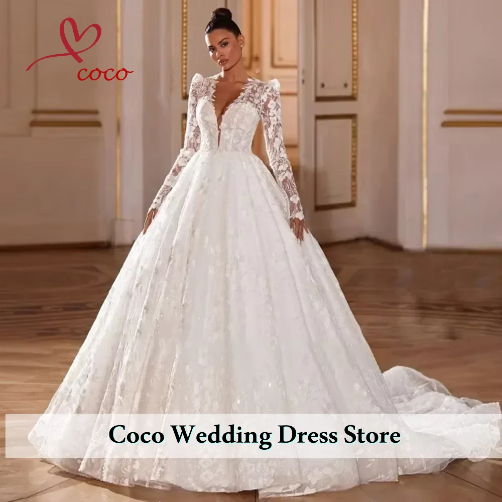 

Изысканное свадебное платье по индивидуальному заказу, кружевное бальное платье принцессы с вышивкой, v-образным вырезом и длинными рукавами, на молнии для невесты, Vestido De Novia