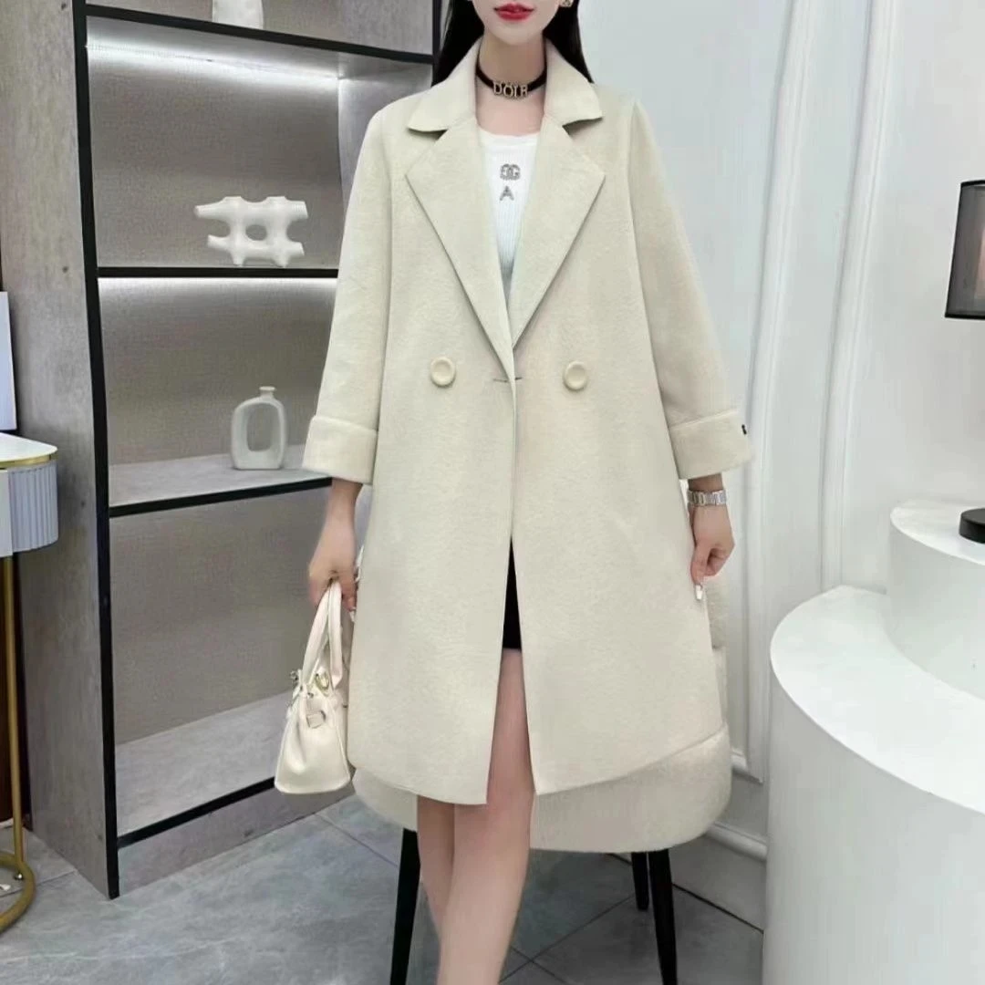 High-quality Double Sided Wool Overcoat Women Autumn Winter Korean Temperament Long Faux Woolen Blend Coat Solid Female Jackets