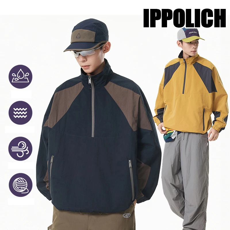 Unisex Color‑blocked Jacket Half Zip Anorak Jacket Loose Stand Collar Windproof Waterproof Outdoor Coat High-Quality Fabric