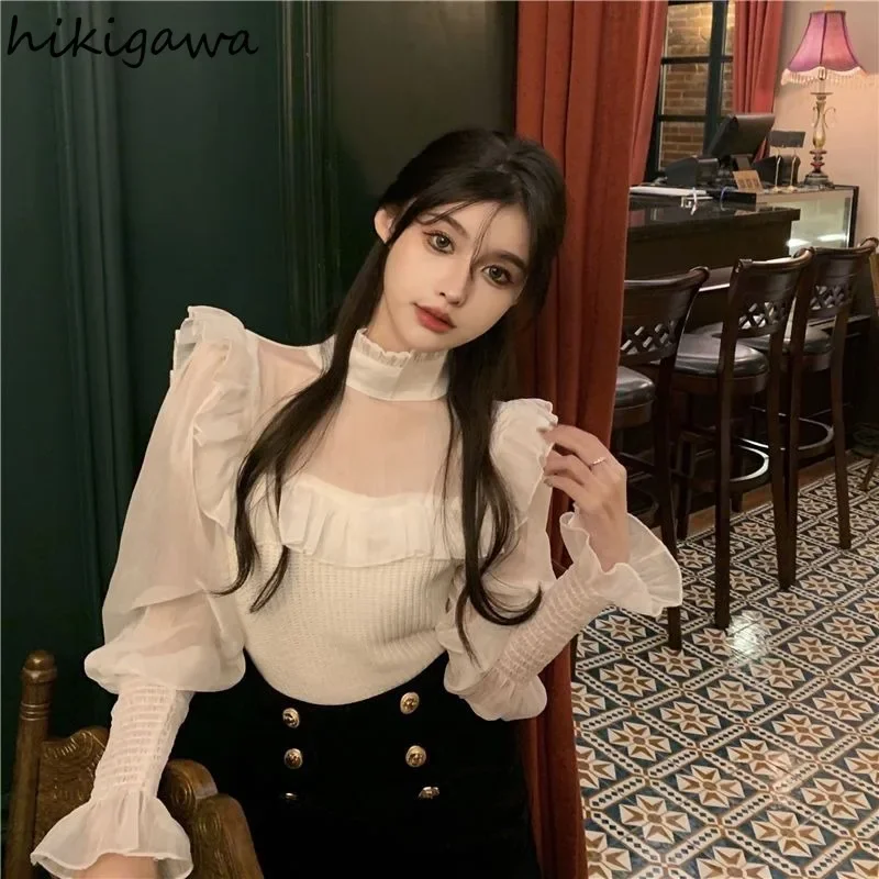 Temperament Chiffon Blouse Women Clothing Patchwork Lantern Sleeve Shirts Bandage Bow Loose Sexy Blouses 2023 Blusas De Mujer