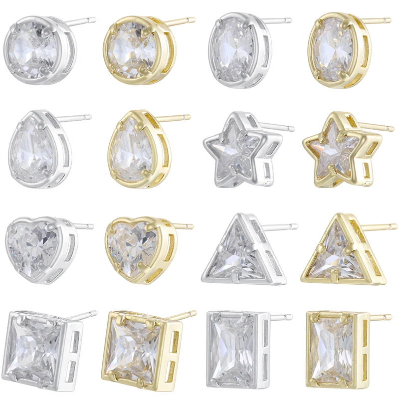 

2pair 18K Gold-Plated Copper Stud Earrings with Clear AAA Cubic Zirconia Inlays Women’s Minimalist Daily Jewellery:VE1794-VE1801