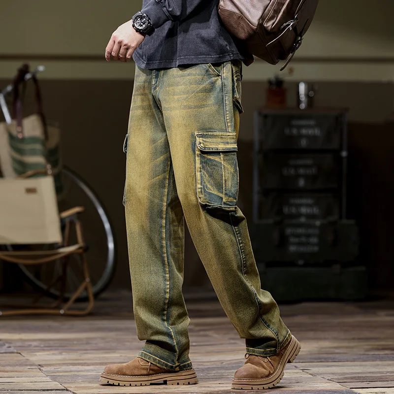 Autumn Winter Jeans Multi-pocket Retro Trendy Denim Pants Men's Loose Straight Plus Size 44 Tooling Micro Elasticity Trousers