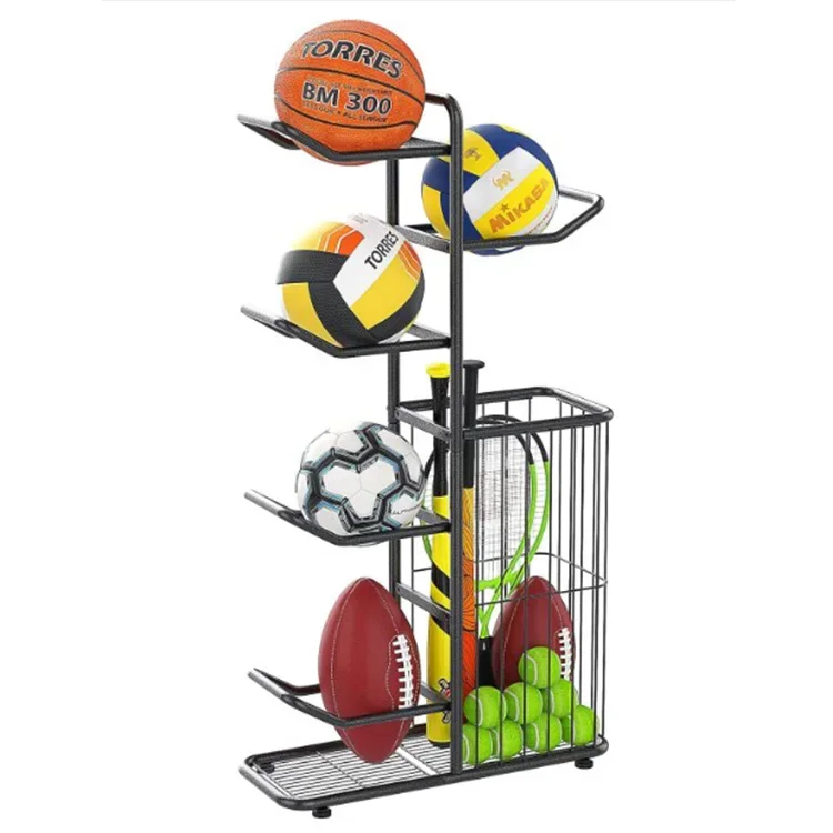 

Small 5-Ball Sports Equipment Storage Rack Basketball Display Rack with Storage Basket