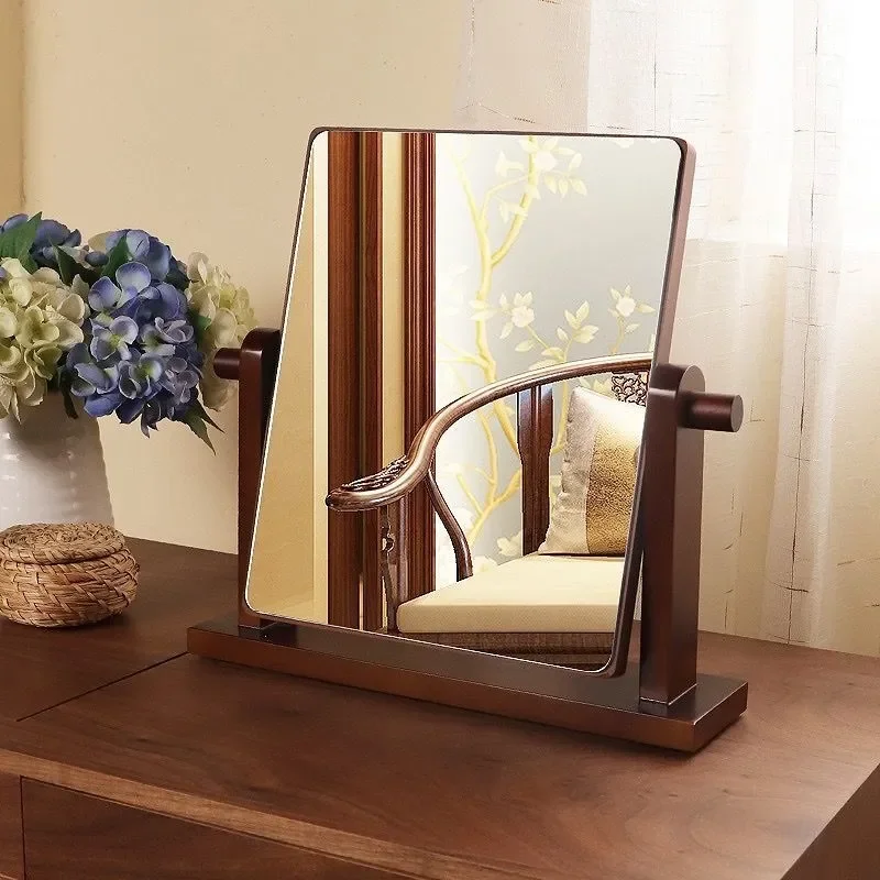 Large Retro Solid Wood Vanity Mirror Double Sided Rotating Desktop Makeup Mirror for Bride Dressing Table Home Decor