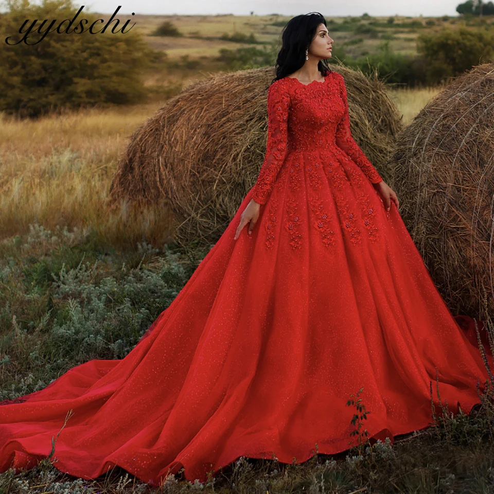 Personalizado de luxo vermelho muçulmano brilhante miçangas vestido casamento 2025 dubai árabe princesa rendas apliques tribunal trem vestidos noiva