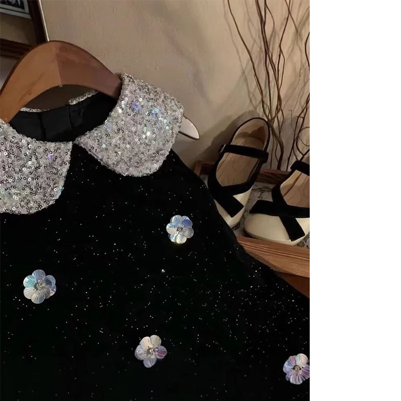 Kids Fashion Summer Party Dress Black Sequin Ruffle SleevePrincess Costume Tulle Evening Party Clothes for Baby Girls 2-8 Years