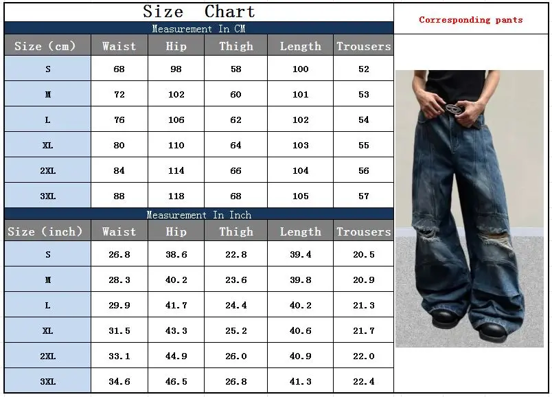 2026 Y2K Grunge Vintage Blaue Baggy Plissierte Zerrissene Gestapelte Jeans Herrenbekleidung Distressed Denim Hosen Pantalon Homme – Detail 3