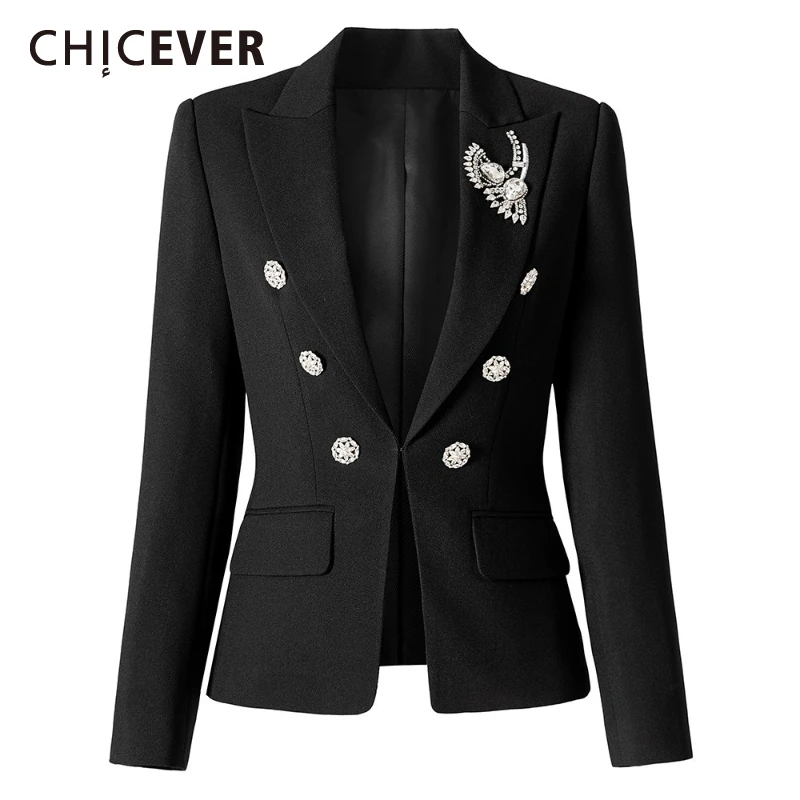 CHICEVER Solid Elegant Cocktail Blazer for Women Notched Collar Long Sleeve Spliced Diamonds Split Slimming Coat Female Clothes