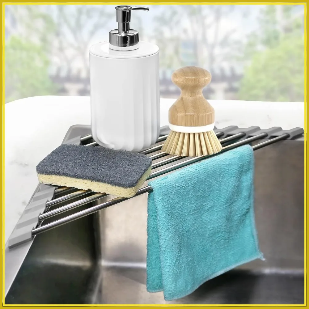 

Triangle Corner Sink Caddy, Roll Up Dish Drying Rack Over Sink, Stainless Steel Kitchen Organizer Drainer Mat Sponge Holder