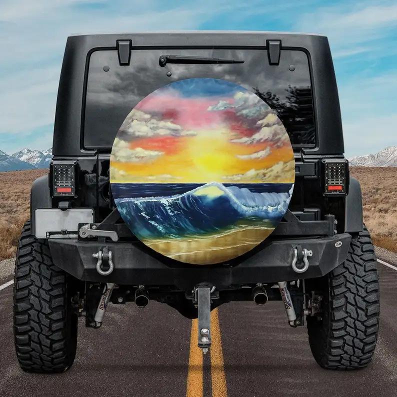 Camper Spare Tire Cover, Sunset Seascape Spare Tire Cover With Or Without Backup Camera Hole, Wrangler Tire Cover, Tire Cover Fo