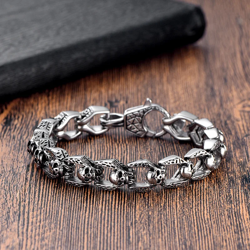OUYADI European American Style 925 Sterling Silver Skull Link Bracelet Men Hip Hop Personality Trendy Jewelry