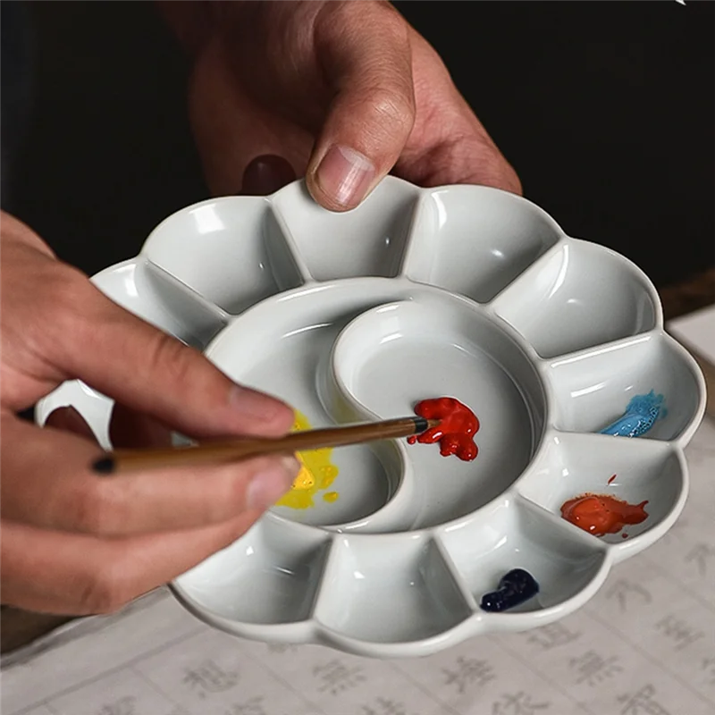 Handmade Celadon Palette Plum Blossom-Shaped Watercolor Paint Tray Ru Kiln  Plate And Pen Holder