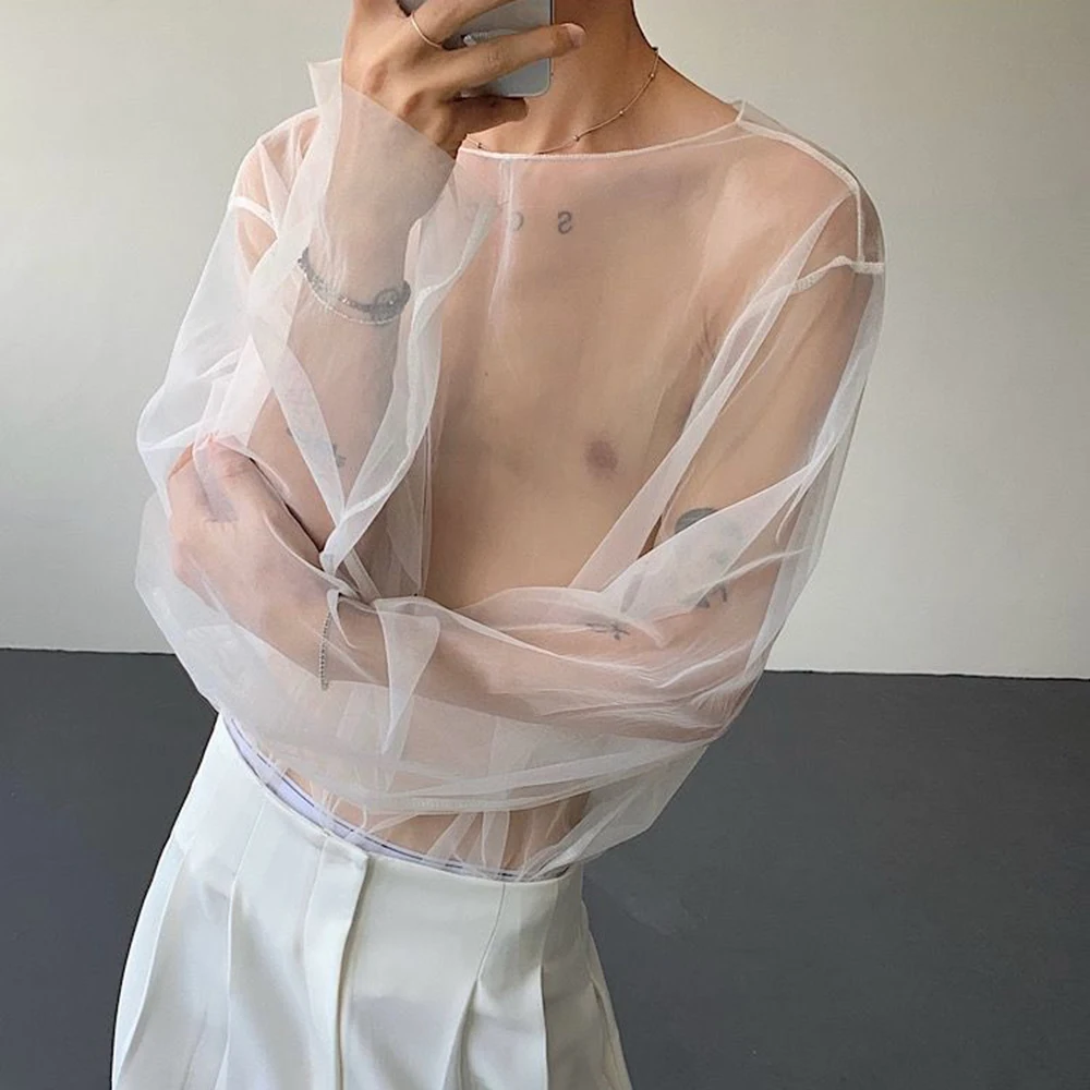 Mens Plain See Through Sexy Mesh Summer Fashion Gay Boys Transparent Youth Unique Lgbt Long Sleeve Top Men'S Clothing 2026 New