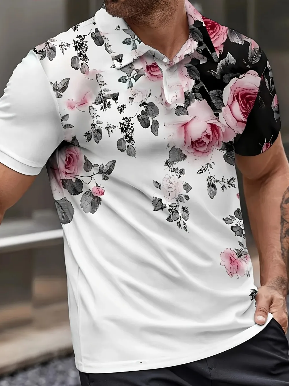 American Men's Summer Personalized Rose Graffiti Print Micro Elastic Breathable Polo Short-Sleeved T-Shirt Outdoor Casual Top