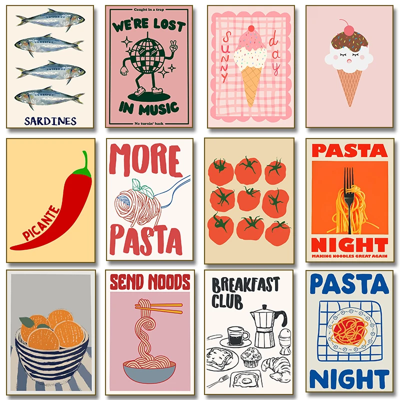 Póster con ilustración de helado, Pasta, tomate, desayuno, Club, comida, chile rojo, pintura en lienzo, arte de pared impreso, decoración de cocina
