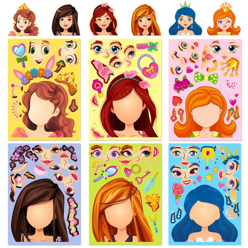 Children DIY Make A Face Stickers Pack Mixed Matched Princess Girls Characters Dress Up Party Decoration Assembly Puzzle Sticker