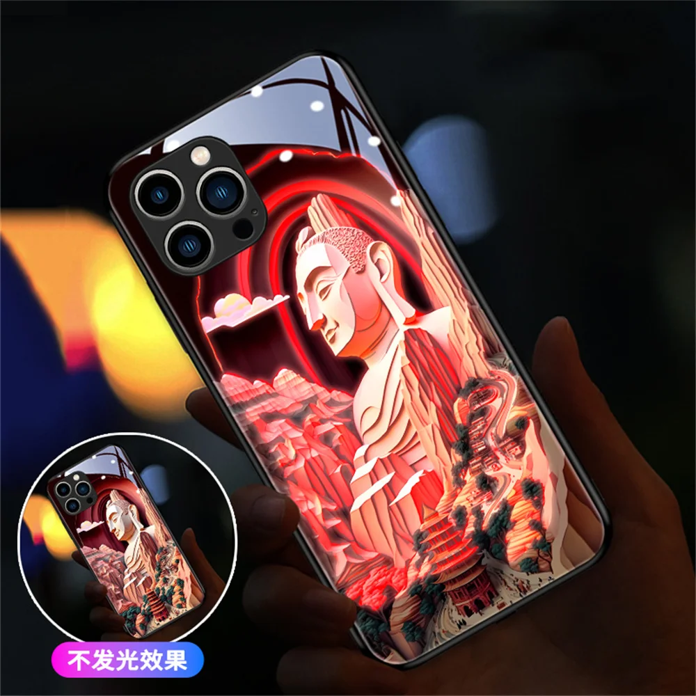 Buddha Origami Design LED Light Glow Luminous Glass Phone Case For Samsung S23 S22 S21 S20 FE Note 10 20 Plus Ultra A14