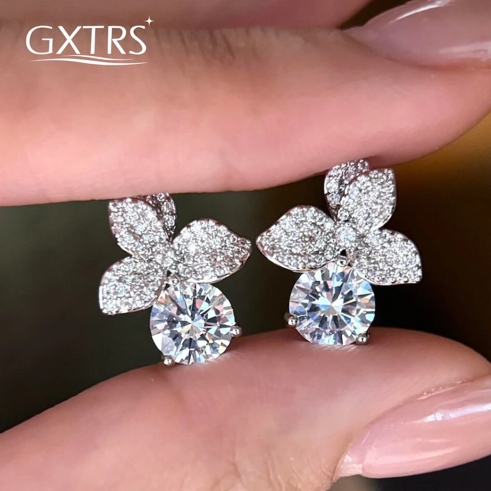 GXTRS 2CT Real Moissanite Flower Stud Earrings For Women S925 Silver Lab Diamond Wedding Engagement Ear Studs Fine Jewelry Gifts